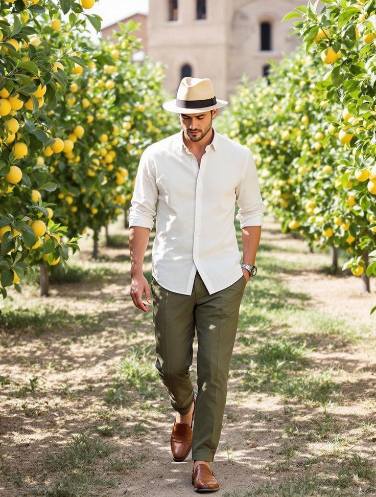 A man wearing a shirt, pants and hat at a winery
