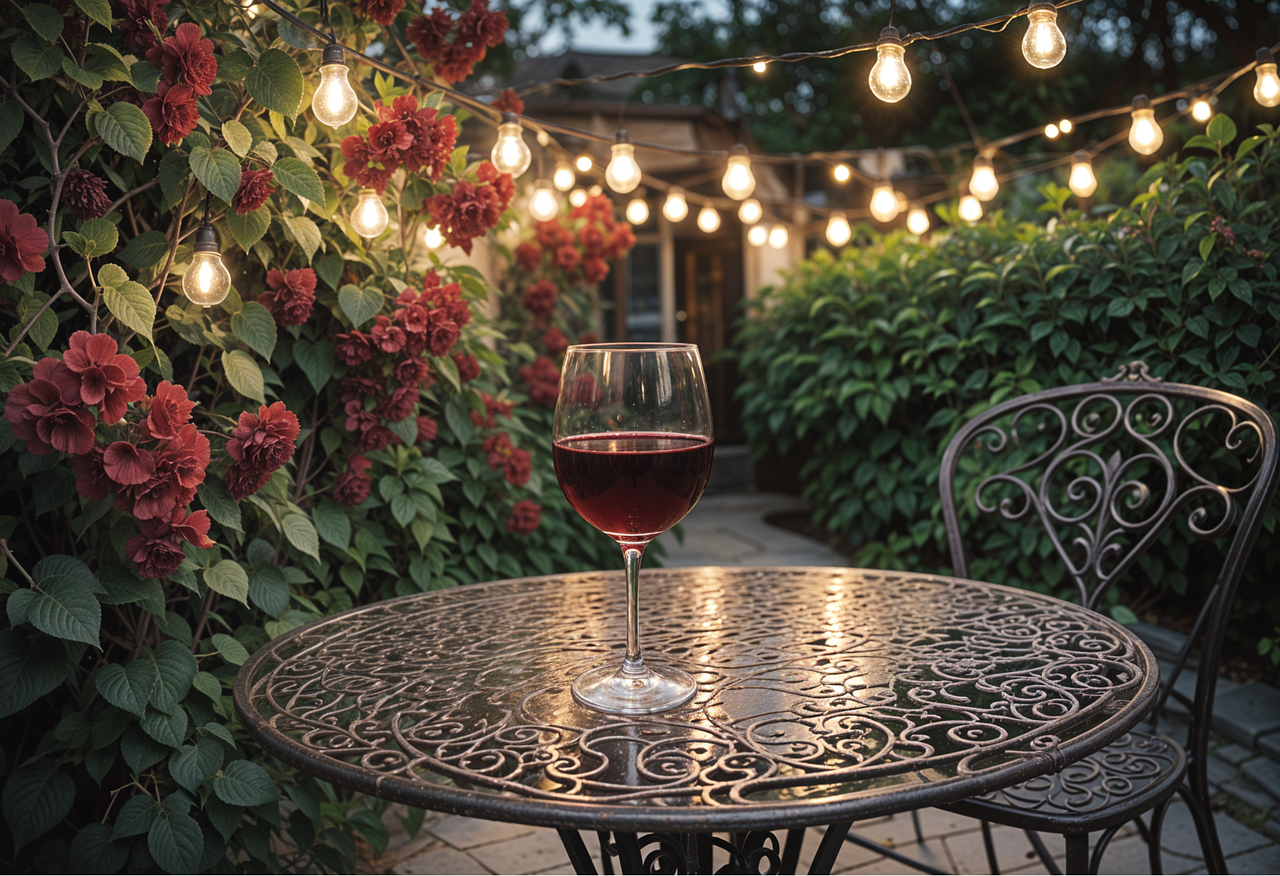 A glass of red wine sitting on a table