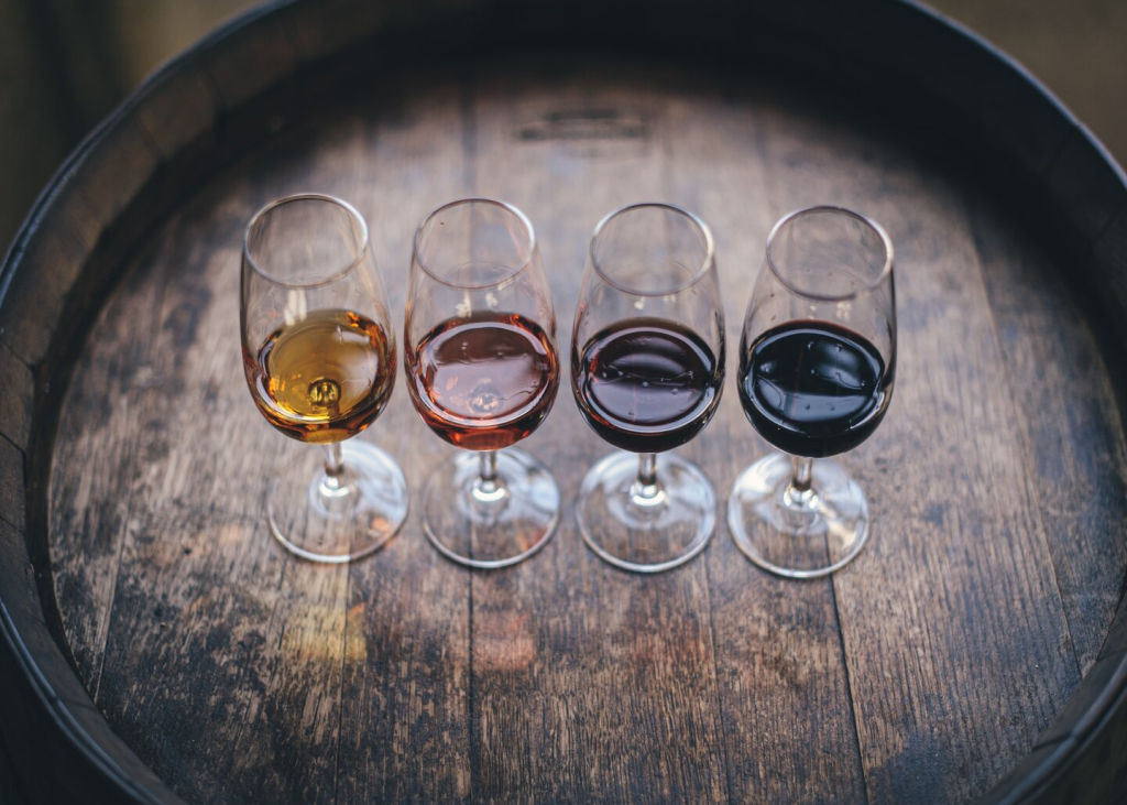 A wine flight of four glasses of wine