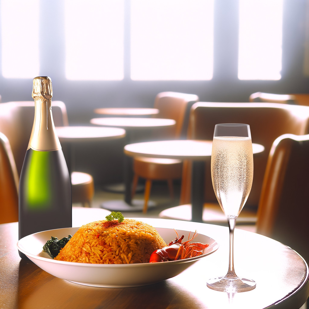A nasi goreng dish with a bottle and glass of sparkling wine