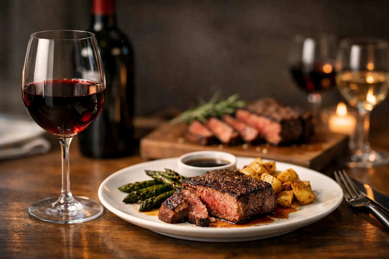 A plate of steak, vegetables and potatoes with red and white wine glasses
