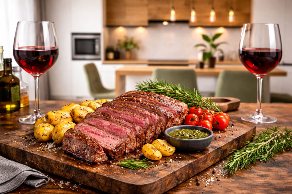 Sliced beef steak on a wooden board served with potatoes, tomatoes and rosemary, next to two glasses of red wine.