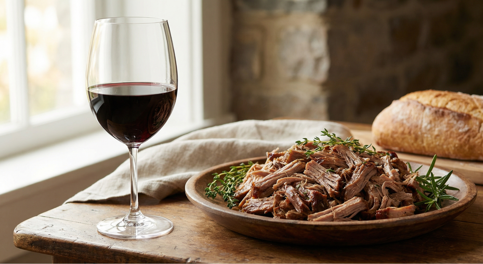 A plate of pulled pork next to a glass of red wine and a bread roll