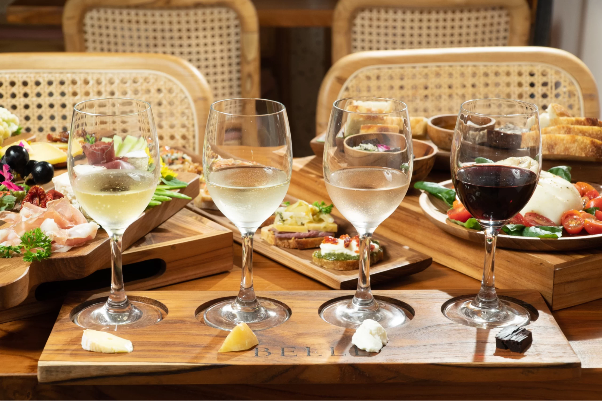 A wine flight with cheese and chocolate from Belle Wine Bar in Ubud, Bali